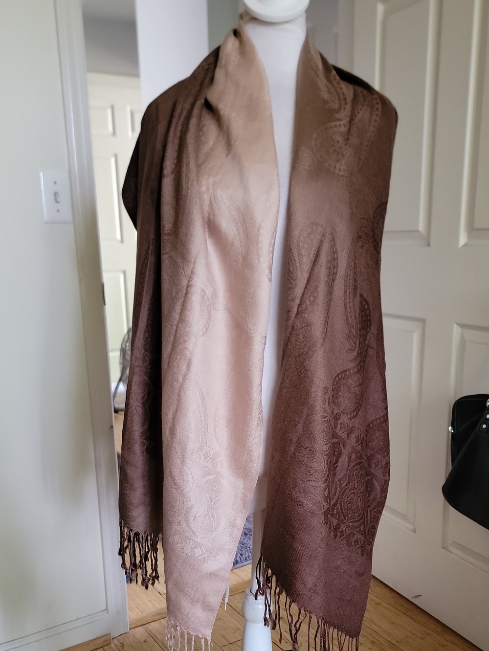 Elegant Two-Tone Brown Paisley Shawl 68x27